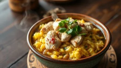 Um prato fundo de cerâmica rústica com galinhada de galinha caipira, arroz amarelo dourado e úmido, com pedaços de frango macio e salsinha fresca.