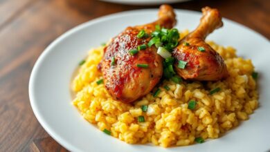 Prato principal de galinhada com arroz soltinho e frango dourado, finalizado com cheiro verde fresco.
