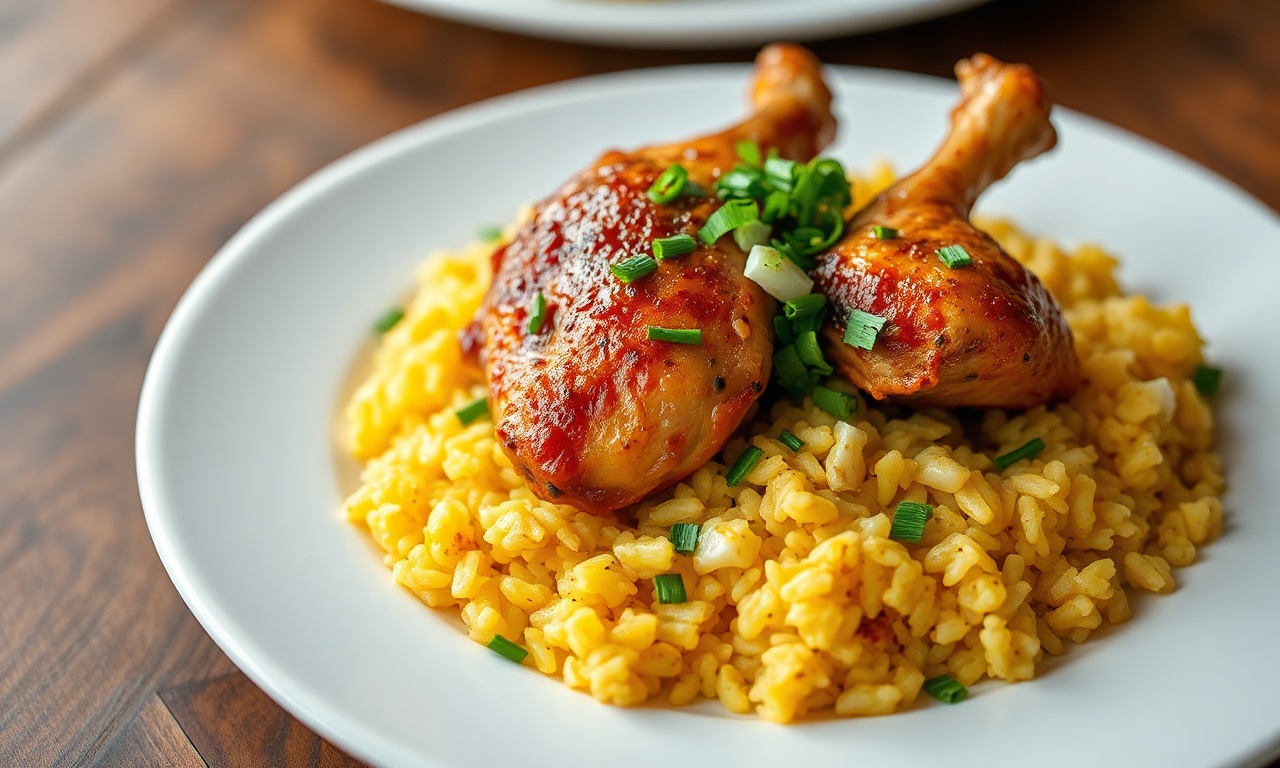 Prato principal de galinhada com arroz soltinho e frango dourado, finalizado com cheiro verde fresco.