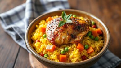 Arroz dourado com açafrão, pedaços de frango suculento, cenoura em cubinhos e ervilhas verdes, servido em uma tigela de cerâmica rústica.