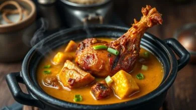 Prato fundo com galopé suculento, exibindo o caldo denso e carnes macias