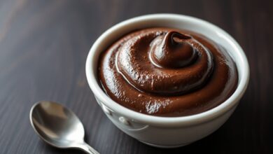Tigela com ganache de chocolate aerada, textura de mousse brilhante e fofa, pronta para ser usada como cobertura ou recheio.