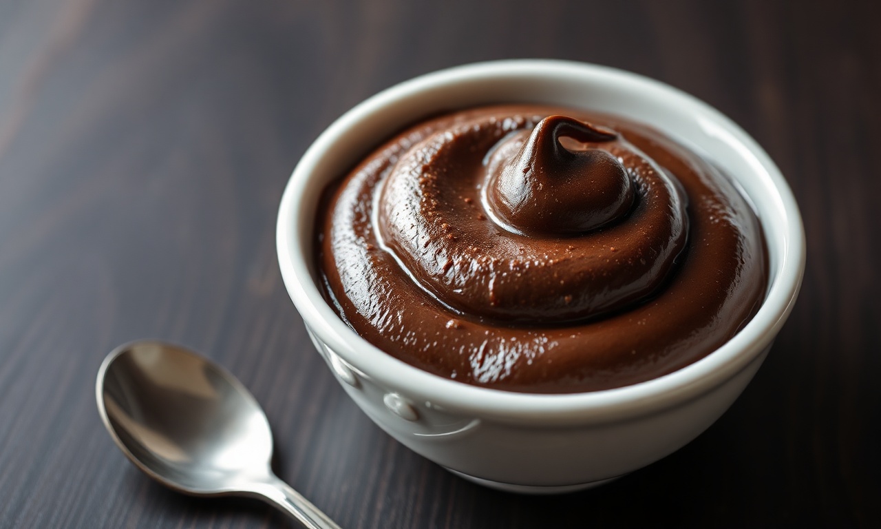 Tigela com ganache de chocolate aerada, textura de mousse brilhante e fofa, pronta para ser usada como cobertura ou recheio.