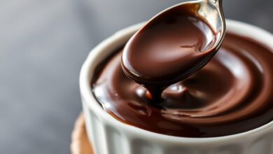Creme de chocolate brilhante, sedoso e homogêneo, servido em uma tigela de cerâmica clara, pronto para ser usado como cobertura ou recheio.
