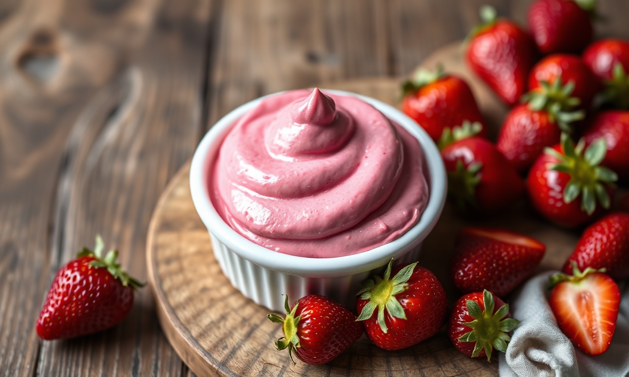 Tigela de ganache de morango com cor rosa vibrante e textura sedosa de mousse, pronta para rechear bolos e cupcakes.