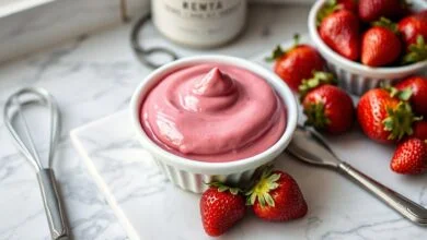 Ganache de morango vibrante e brilhante em tigela de cerâmica branca, com textura sedosa e homogênea, pronta para rechear ou cobrir sobremesas.