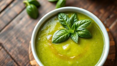 Sopa fria cremosa e verde vibrante servida em tigela, com gotas de azeite e folhas de manjericão.