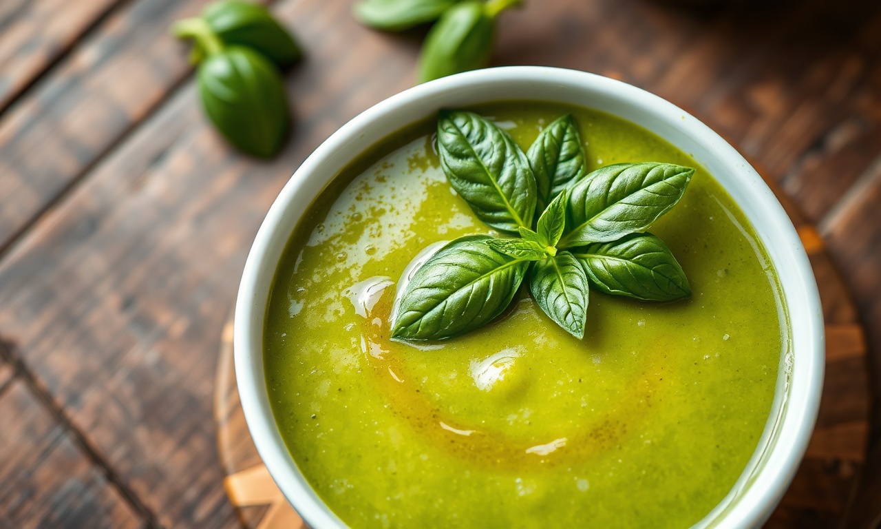 Gaspacho De Casca De Melancia: Refrescante E Sem Desperdício 3 Sopa fria cremosa e verde vibrante servida em tigela, com gotas de azeite e folhas de manjericão.