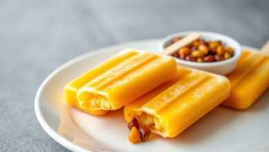 Uma fileira de geladinhos de maracujá vibrantes, com textura lisa e cremosa, servidos em um prato branco limpo com sementes frescas ao lado.