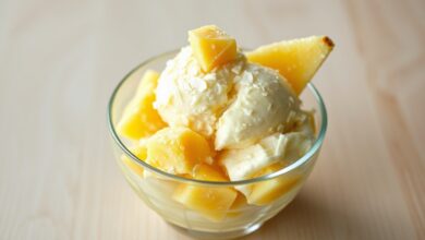 Taça de vidro transparente com gelado cremoso de cor creme pálido, pedaços dourados de abacaxi visíveis, raspas de chocolate branco e um cubo de abacaxi fresco como decoração.