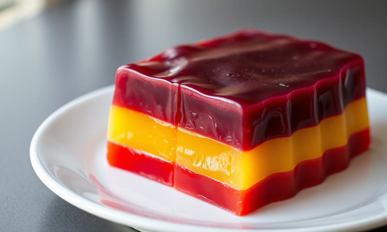 A gelatina finalizada, desenformada em um prato, mostrando camadas perfeitas de morango, limão e uva.