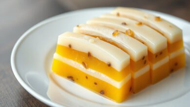 Fatias perfeitas de gelatina com camadas alternadas de creme branco e maracujá vibrante, em um prato de porcelana branca.