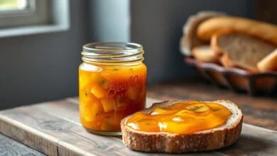Um pote de vidro transparente com geleia de kiwi e banana de cor vibrante, alaranjada com pontos verdes, ao lado de uma fatia de pão integral passada com a geleia.
