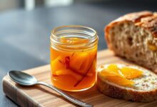 Pote de vidro aberto com geleia translúcida e cor âmbar, repleta de fatias finas de casca de laranja e pequenos pedaços de pimenta vermelha, ao lado de pão rústico.