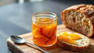 Pote de vidro aberto com geleia translúcida e cor âmbar, repleta de fatias finas de casca de laranja e pequenos pedaços de pimenta vermelha, ao lado de pão rústico.