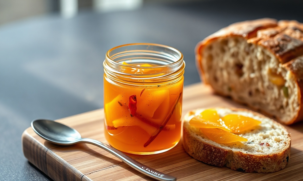 Pote de vidro aberto com geleia translúcida e cor âmbar, repleta de fatias finas de casca de laranja e pequenos pedaços de pimenta vermelha, ao lado de pão rústico.