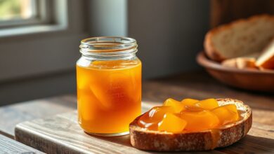 Pote de vidro com geleia de mocotó dourada e firme, servida com torradas ao fundo, evocando um café da manhã nordestino.