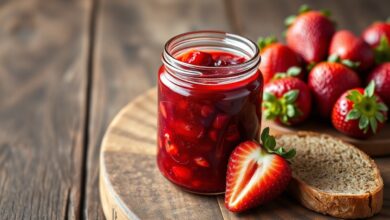 Pote de vidro transparente com geleia de morango vermelho vibrante, com pedaços de fruta visíveis, acompanhado de uma fatia de pão integral e morangos frescos.