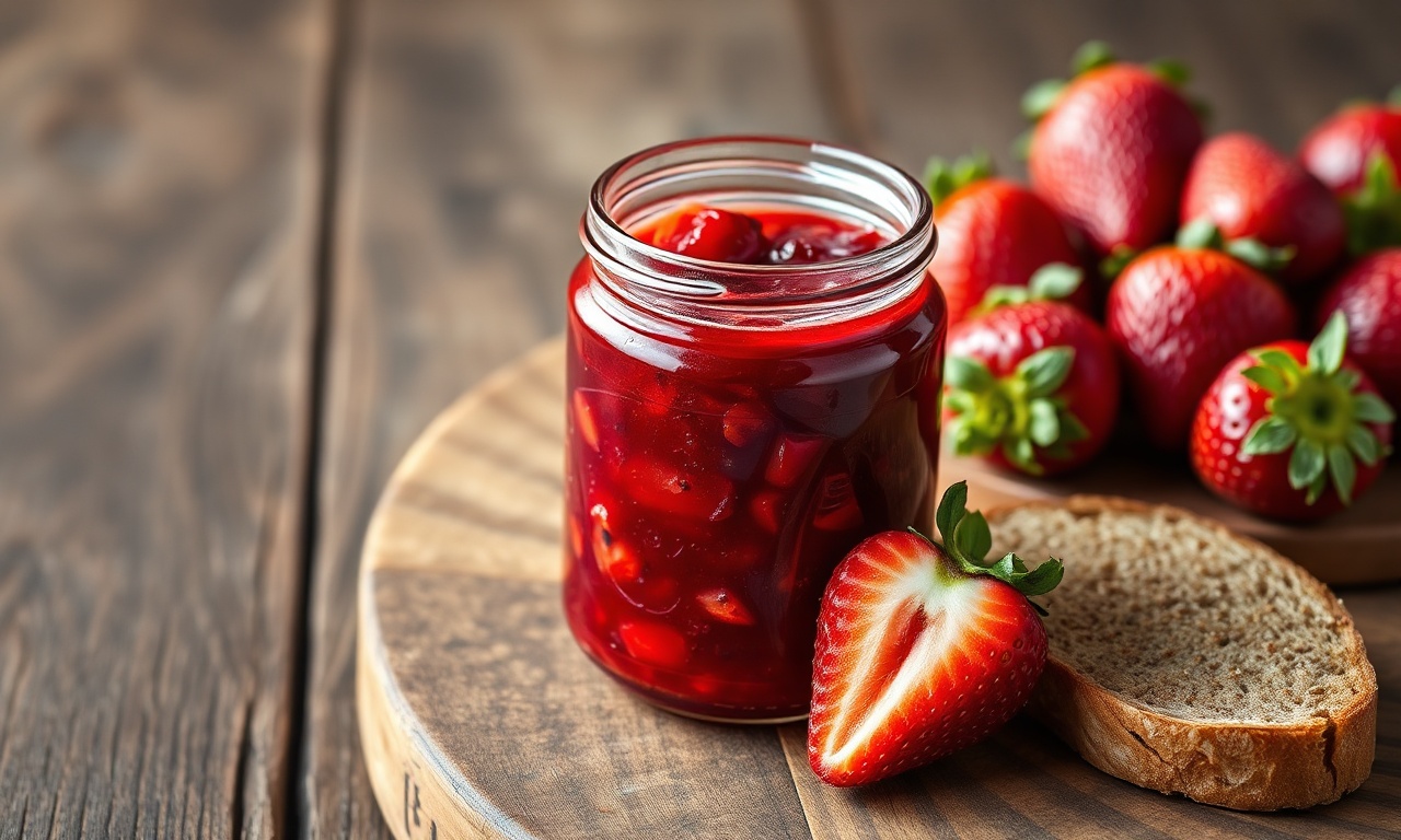 Geleia De Morango Sem Açúcar: Fácil Com Chia E Limão 3 Pote de vidro transparente com geleia de morango vermelho vibrante, com pedaços de fruta visíveis, acompanhado de uma fatia de pão integral e morangos frescos.