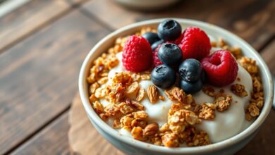 Um bowl de granola dourada e crocante, com pedaços de castanhas e amêndoas, servida sobre iogurte branco cremoso e decorada com frutas vermelhas frescas.