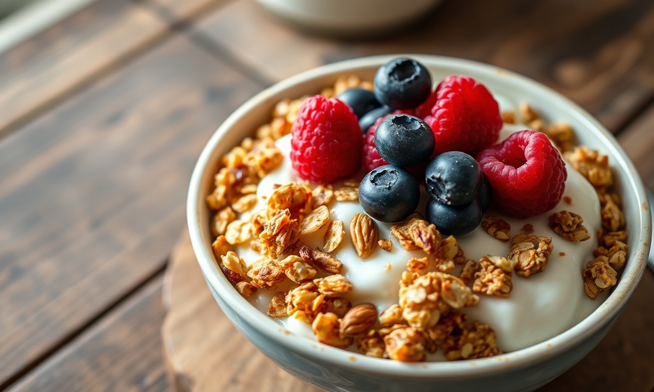 Um bowl de granola dourada e crocante, com pedaços de castanhas e amêndoas, servida sobre iogurte branco cremoso e decorada com frutas vermelhas frescas.