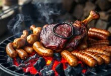 Uma grelha fumegante com picanha, frango e linguiça assando sobre brasas vivas, com fumaça subindo e vegetais ao fundo.