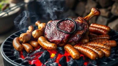 Uma grelha fumegante com picanha, frango e linguiça assando sobre brasas vivas, com fumaça subindo e vegetais ao fundo.