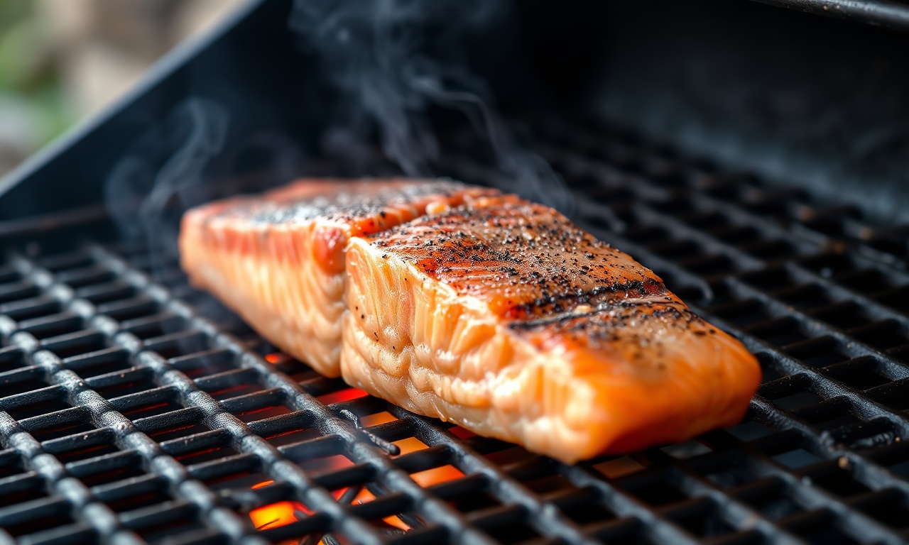 O momento em que o salmão é colocado na grelha quente com a pele para baixo.