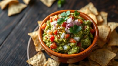 Tigela de guacamole com textura rústica, pedaços de abacate visíveis, tomate, cebola roxa e coentro fresco, servida em tigela de barro com nachos.