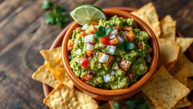 Tigela de guacamole cremoso com pedaços de abacate, tomate e coentro fresco, acompanhada de tortilhas chips crocantes.