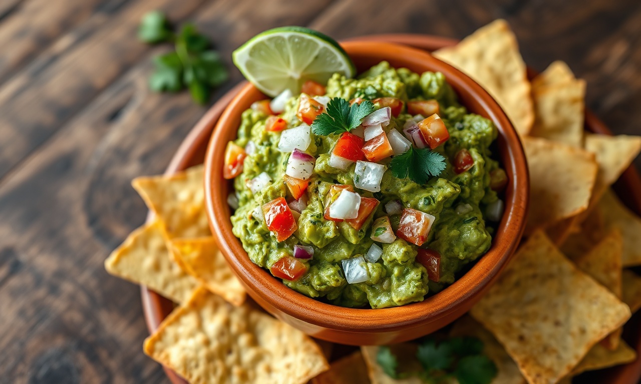 Guacamole Autêntico E Fácil: Receita Tradicional Em 15 Min 3 Tigela de guacamole cremoso com pedaços de abacate, tomate e coentro fresco, acompanhada de tortilhas chips crocantes.