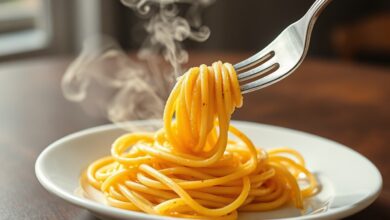 Uma porção de macarrão perfeitamente cozido al dente, com textura firme e cor vibrante, pronto para ser finalizado com um molho.