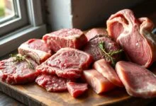 Uma variedade de cortes de carne bovina e suína, crus e inteiros, sobre uma tábua de madeira rústica, ilustrando as opções para moer.