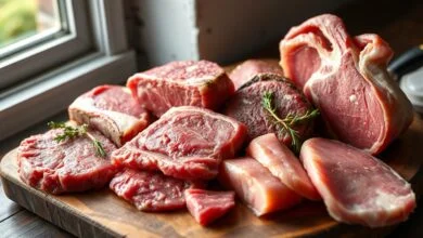 Uma variedade de cortes de carne bovina e suína, crus e inteiros, sobre uma tábua de madeira rústica, ilustrando as opções para moer.