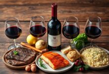 Composição elegante mostrando a diversidade de vinhos tintos e suas aplicações na cozinha e na mesa.