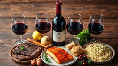 Composição elegante mostrando a diversidade de vinhos tintos e suas aplicações na cozinha e na mesa.
