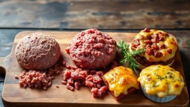 Montagem mostrando três porções de carne moída com texturas diferentes (grossa, média, fina) ao lado dos pratos que resultam: hambúrguer suculento, molho bolonhesa e escondidinho firme.