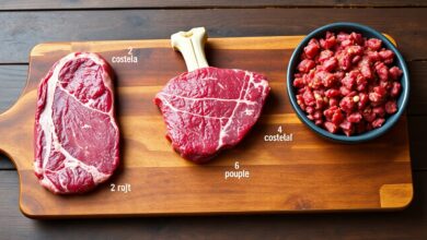 Montagem que mostra diferentes cortes de carne (picanha, costela, moída) com pesos indicativos, representando visualmente o cálculo de porções.
