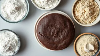 Como Substituir Farinha De Trigo: Guia De Blends Perfeitos 6 Composição com tigelas de farinhas alternativas e um bolo perfeito feito com blend sem glúten.