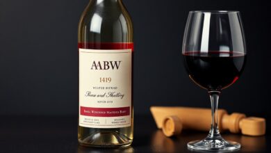 Uma composição elegante mostrando um rótulo de vinho em destaque com o percentual de álcool (ABV) claramente visível, ao lado de uma taça de vinho, simbolizando a escolha informada.