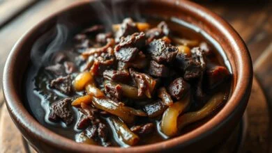 Cubos de charque dourados e macios em um molho escuro e encorpado, com cebola caramelizada, servido em um prato de barro rústico.