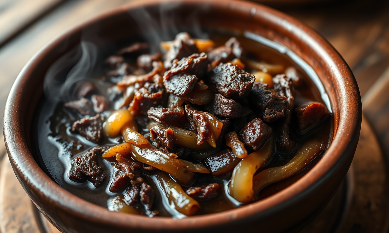 Cubos de charque dourados e macios em um molho escuro e encorpado, com cebola caramelizada, servido em um prato de barro rústico.