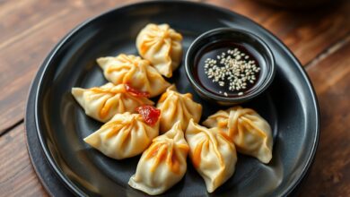 Gyoza dourados com base crocante e topo macio com pregas, servidos em um prato escuro rústico, acompanhados de molho shoyu.
