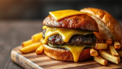Hambúrguer suculento com queijo cheddar derretido, pão brioche dourado e batatas fritas crocantes, pronto para servir.