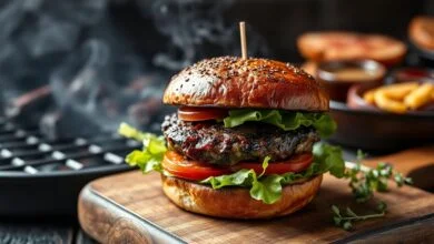 Hambúrguer artesanal com blend de três carnes, com crosta escura e caramelizada, suculento, servido em pão brioche com folhas verdes.