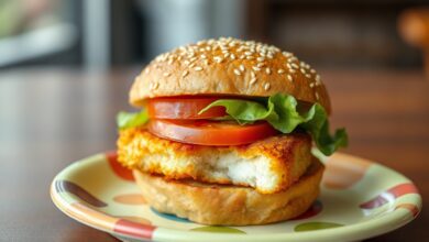 Hambúrguer de pescada dourado, crocante, servido em pão de hambúrguer com alface e tomate, com um pedaço cortado para revelar o interior macio.