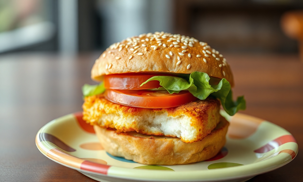 Hambúrguer De Pescada Para Crianças: Crocante E Saudável 3 Hambúrguer de pescada dourado, crocante, servido em pão de hambúrguer com alface e tomate, com um pedaço cortado para revelar o interior macio.