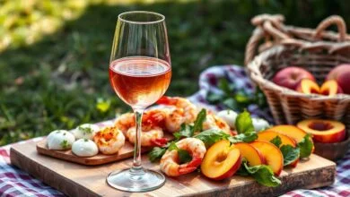 Taça de vinho rosé vibrante ao lado de uma variedade de pratos leves e harmoniosos, como saladas, frutos do mar e queijos frescos, em um cenário de piquenique ou jantar informal.