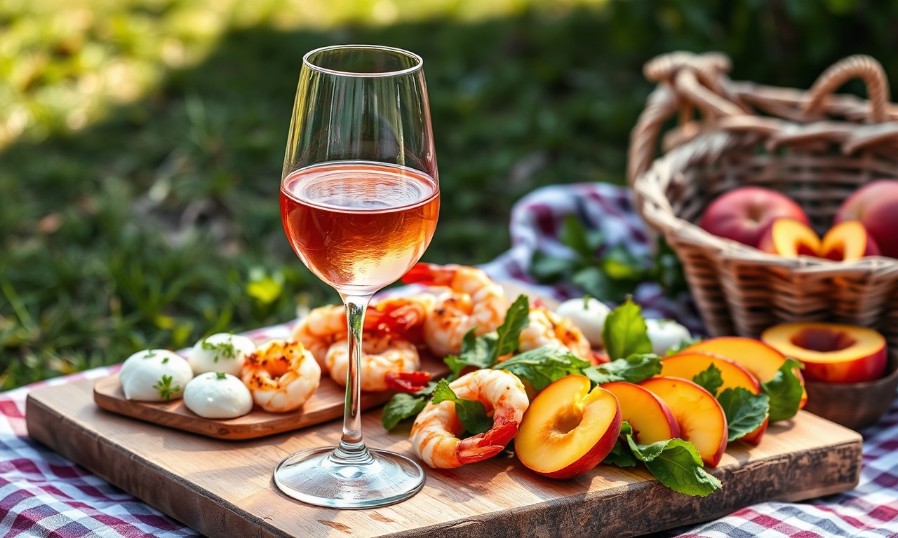 Taça de vinho rosé vibrante ao lado de uma variedade de pratos leves e harmoniosos, como saladas, frutos do mar e queijos frescos, em um cenário de piquenique ou jantar informal.