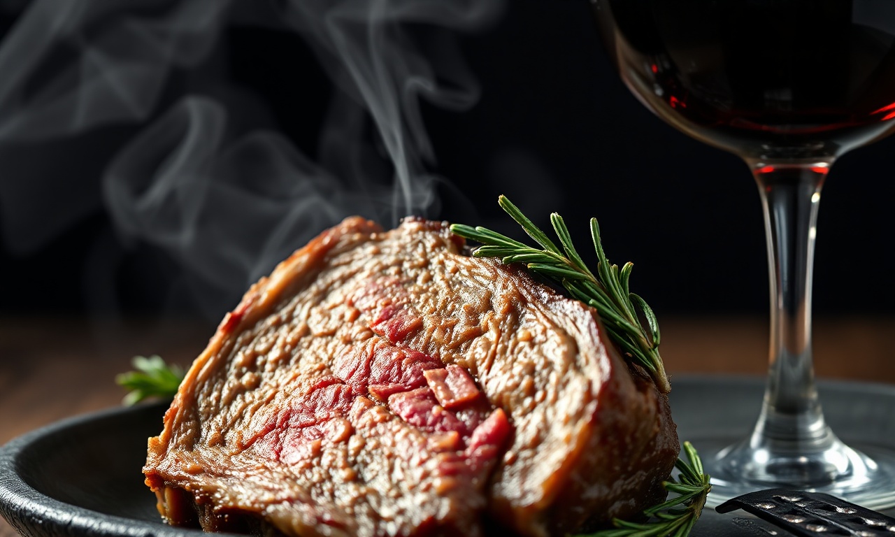 Vinho Para Páscoa: Guia Fácil De Harmonização Com Bacalhau E Cordeiro 5 Close-up de um copo de vinho tinto encorpado ao lado de uma porção de cordeiro assado.
